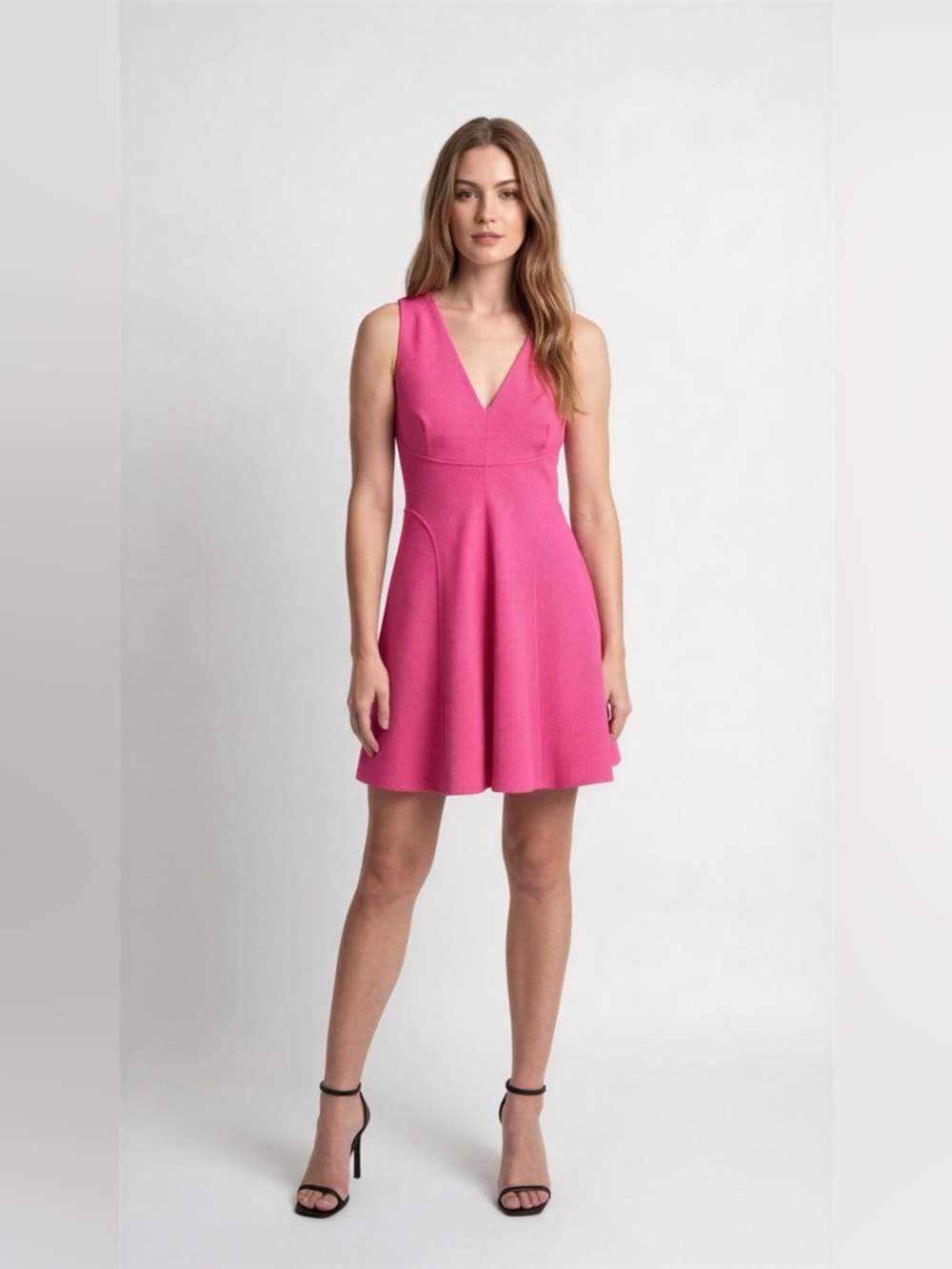 Maggy London Sleeveless Bright Pink Textured V-Neck Midi Dress Size 8